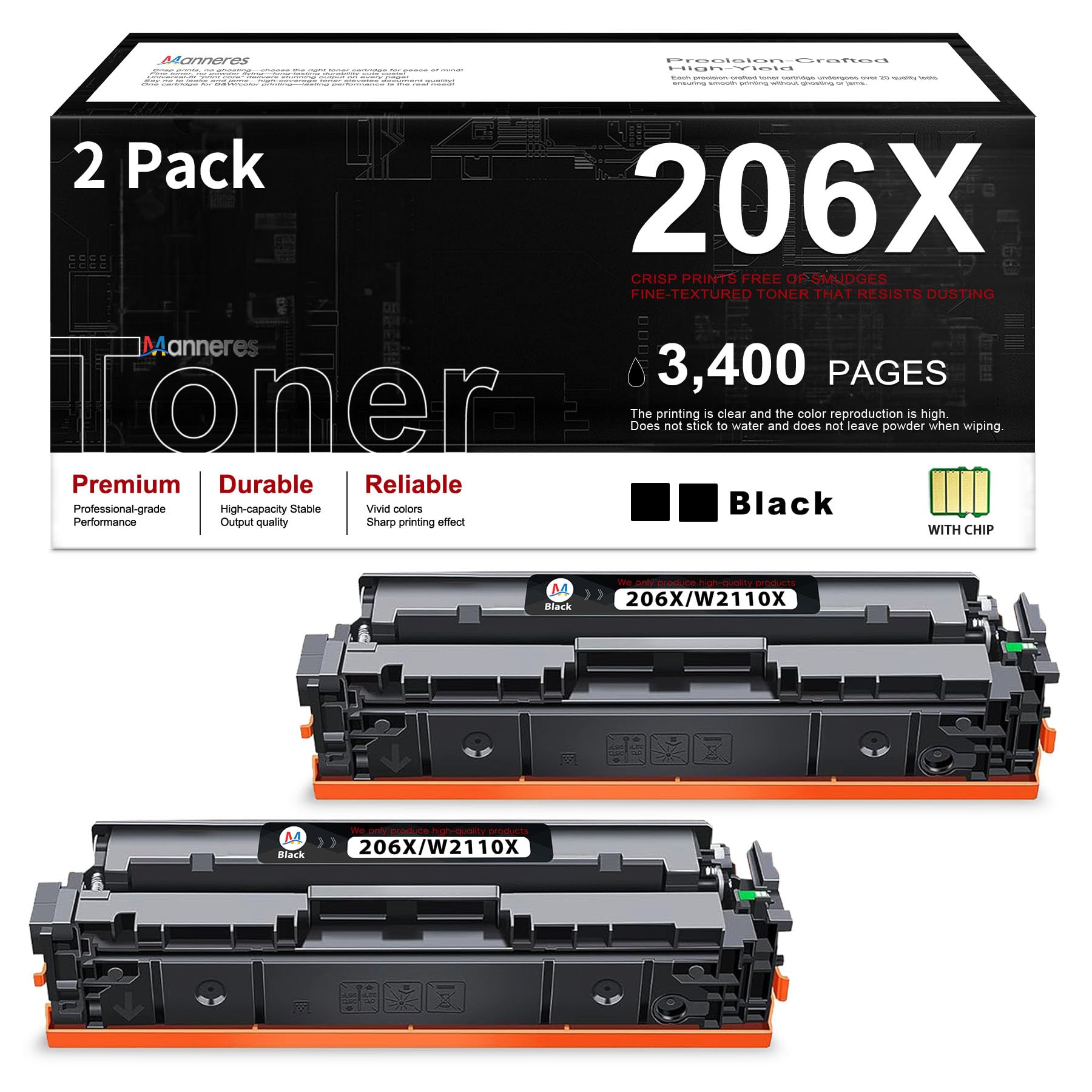 Photo 1 of 206X Black Toner Cartridges High-Yield 2 Pack (with Chip) Replacement for HP 206X W2110X 206A 206 Toner Work fo M255dw M255nw MFP M282nw M283 M282 M255 Printer