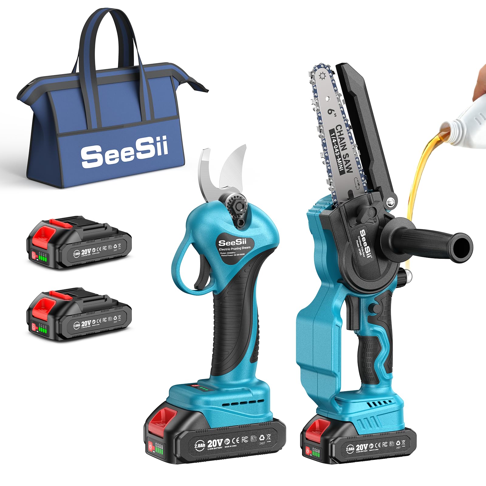 Photo 1 of SEESII Mini Chainsaw & Pruning Shears: 6" Electric Saw Brushless & 1.3" Pruner with 2×2.0Ah Batteries, Cordless Combo for Wood Cutting/Branch Trimming, Gardening Tools for Dad Men Husband