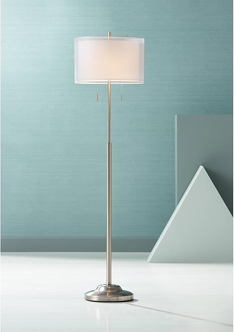 Roxie Modern Floor Lamp Brushed Steel Sheer And Linen Double Drum Shade For Living Room Reading Bedroom Office Possini Euro Design