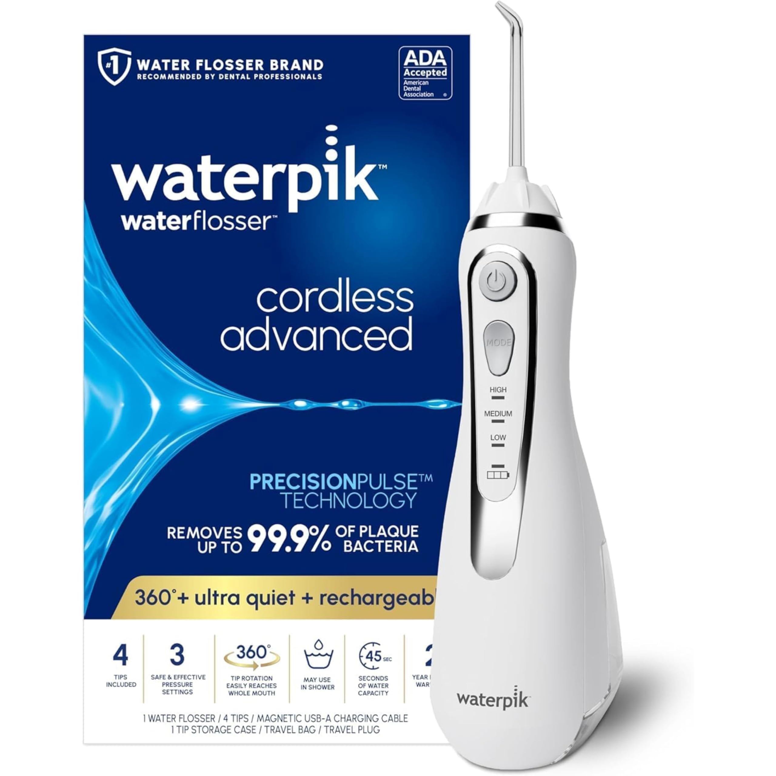 Photo 1 of **MISSING PARTS & Untested**
Waterpik Cordless Advanced 2.0 Water Flosser For Teeth, Gums, Braces, Dental Care With Travel Bag and 4 Tips, ADA Accepted, Rechargeable, Portable, and Waterproof, White WP-580, Packaging May Vary