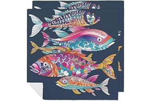 Colorful Fish Cloth Napkins for Hotel, Reusable Square Napkins Cloth 2 PCS Washable, Soft Absorbent Napkin for Family Dinners