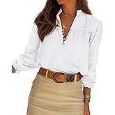 BTFBM Women Fall Tops 2025 Boho Solid V Neck Fashion Casual Long Sleeve Button Down Blouses Dressy Shirts(White,Small)