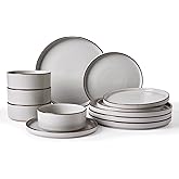 Famiware Nebula Ridge Stoneware Dinnerware Sets, Plates and Bowls Sets for 4, 12 Pieces Dishes Set, Microwave and Dishwasher Safe Kitchen Plates, Light Gray