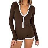 INFITTY Rompers for Women Long Sleeve Jumpsuit V Neck Onesie Pajamas Sexy Ribbed Button Down Sleepwear