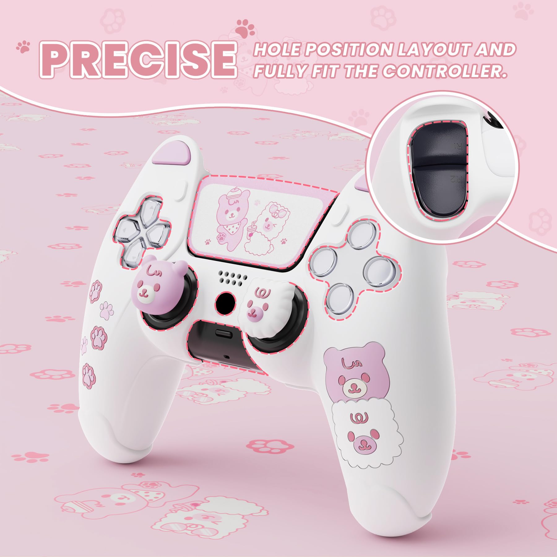 PlayVital Cute Bear Controller Silicone Case for ps5, Kawaii Controller Cover Compatible with Charging Station, Gamepad Skin Protector for ps5 with Touch Pad Sticker & Thumb Grips - White & Pink