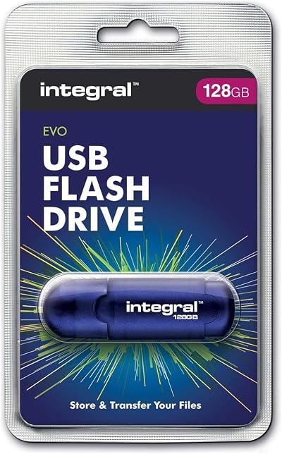 Integral 128GB EVO USB 2.0 Flash Drive Blue Translucent Housing Cap Storage