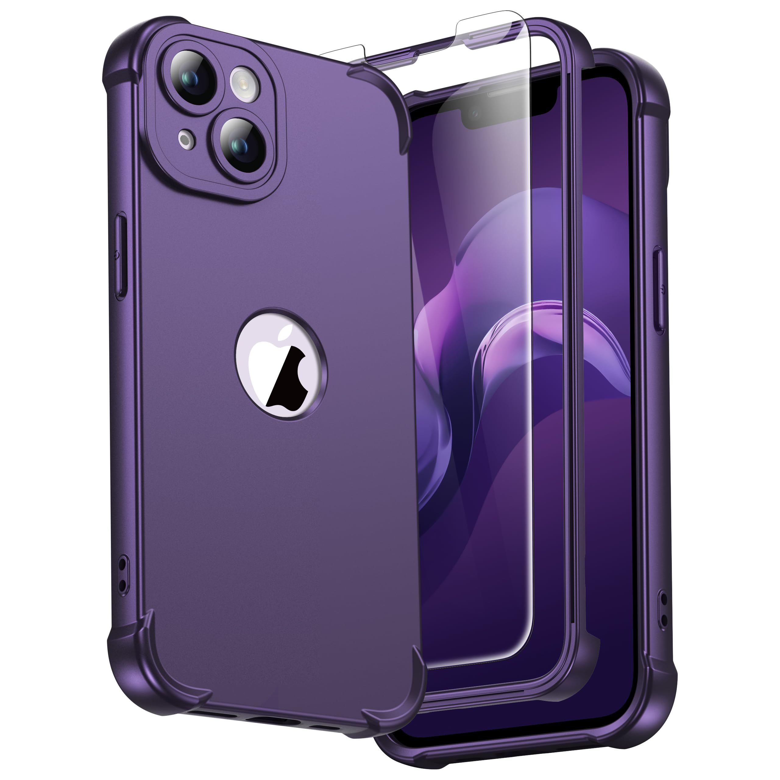 ORETECH for iPhone 14 Case 6.1 inch, with [2 Pack Screen Protector] [Camera Lens Guard] [15FT Military Grade Drop Test] 360° Shockproof Slim Fit Design Rubber Bumper Phone Cover - Dark Purple