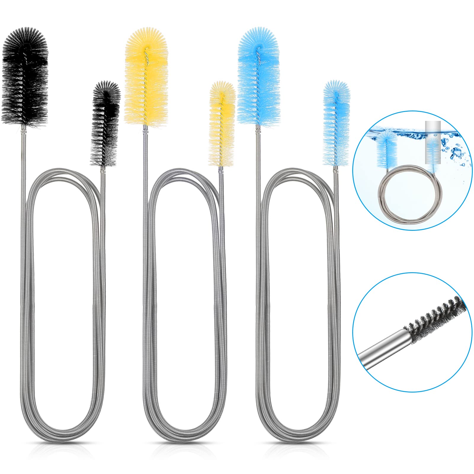 Patelai 3 Pieces Aquarium Filter Hose Brush Stainless Flexible Tube Cleaning Long Brush Double-ended Bent Pipe Cleaner Brush Steel Spring for Lab Fish Tank Aquarium, 3 Color (61.02 inches)