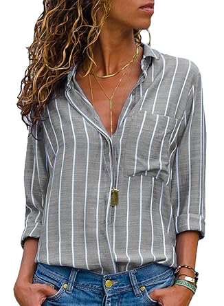 AitosuLa Bluse Gestreift Damen Hemd Oberteile V-Ausschnitt Lose Casual Chiffon Langarm T-Shirt Top Tunika Elegant Langarmshir