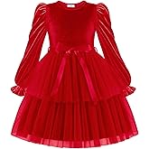 Arshiner Girls Velvet Tutu Dress Toddler Puff Long Sleeve Tiered Tulle Fall Winter Party Dresses with Ribbon