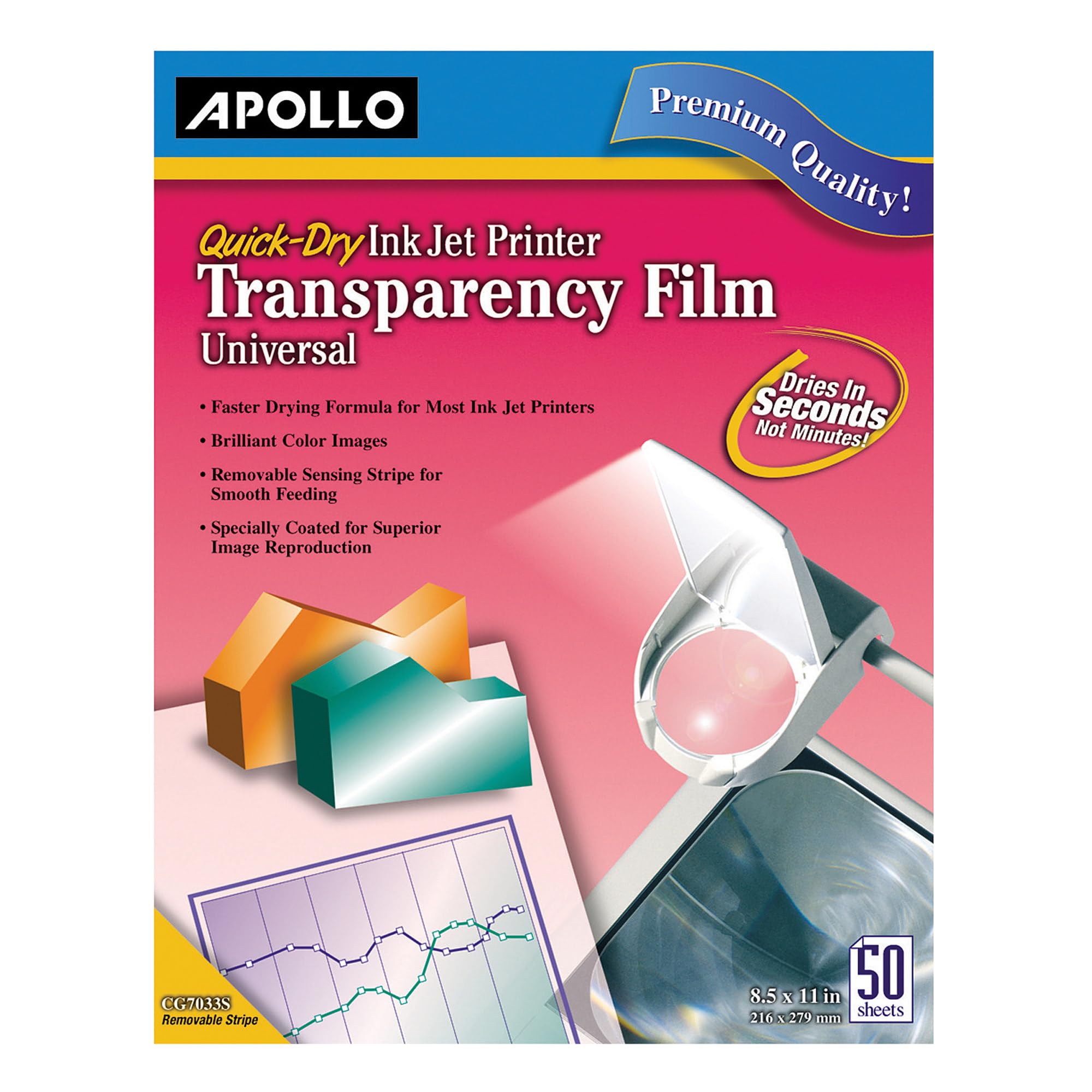 Apollo Transparency Film for Inkjet Printers, Universal, Quick Dry, 50 Sheets/Pack (VCG7033S)