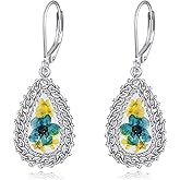 TIGERRIDER Forget Me Not Flower 925 Sterling Silver Earrings Pressed Flower Teardrop Dangle Earrings Jewelry Gift for Women Birthday Christmas