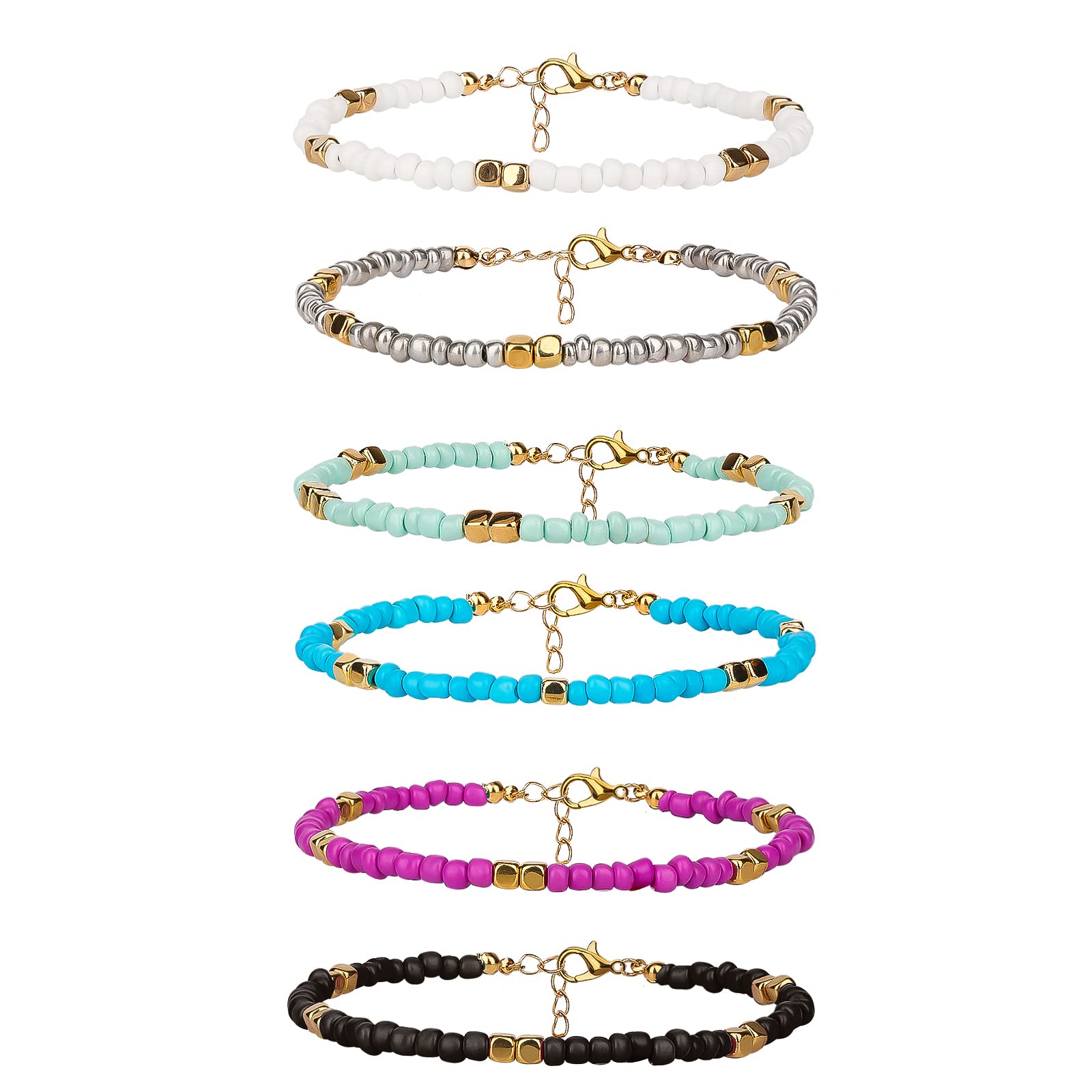 SAVITA 6pcs 8-10inch Handmade Beaded Anklets for Women Colorful Bohemian Glass Beads Ankle Wrap Bracelets String Adjustable Elastic Thread Gifts for Women Girls Beach Vacation (Style 3)