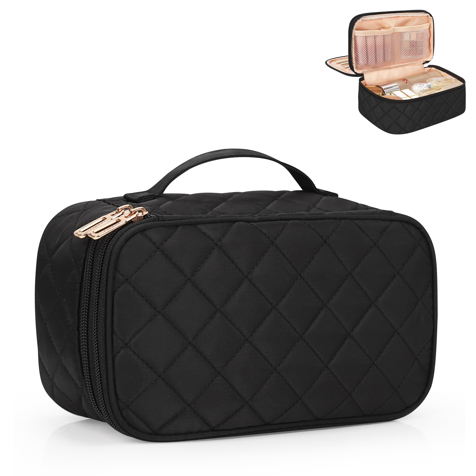 Photo 1 of Relavel Makeup Bag, Small Makeup Bag for Women, Travel Cosmetic Bag, 2 Layers Waterproof Makeup Organizer Storage with Makeup Brush Holder, Black
