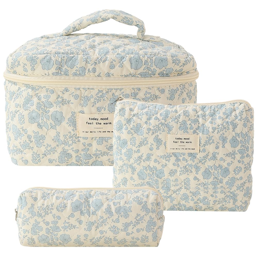 CHAMAIR 3Pcs Coquette Makeup Bag - Quilted Cosmetic Bag Large Make Up Bag Set Aesthetic Floral Toiletry Bag Cotton Travel Skincare Bag for Women Ladies Girls (Style B1) — image 1