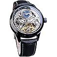 FORSINING Men's Skeleton Moon Phase Watch Mechanical Self-Wind Tourbillon Dual Time Zone Watches Automatic Luxury Leather Strap Large Dial Wristwatch