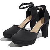 Lyngixko Women's High Block Heels Pumps Round Closed Toe Ankle Strap Dress Wedding Shoes