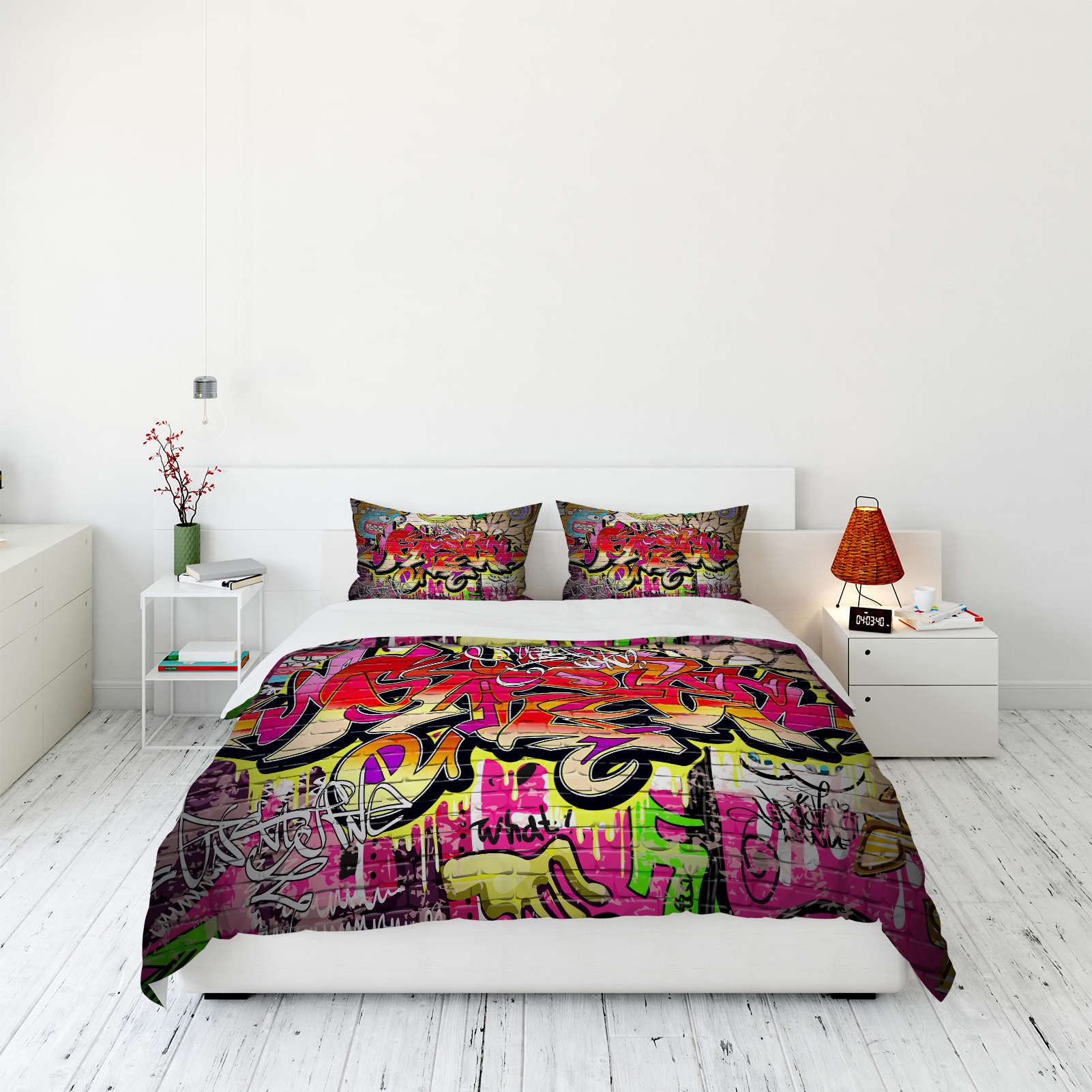 YUANZU Doodle Bedding Set King for Kids Boys Teens Duvet Cover Set 3 Pieces Colorful Graffiti Hip Hop Hippie Printed Soft Microfiber Quilt Cover with Zipper Closure (230 x 220 cm & 2Pillowcase)