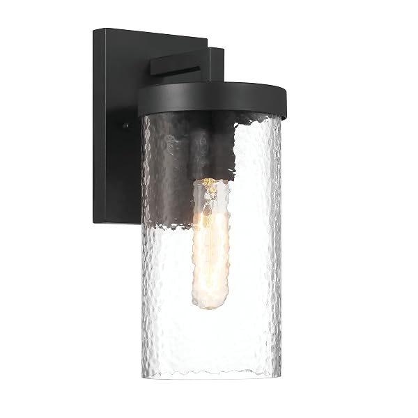 ROBERT STEVENSON LIGHTING ARIA – MODERN MINIMALIST CYLINDRICAL TEXTURED WATER GLASS AND METAL WALL MOUNTED OUTDOOR LIGHT, MATTE BLACK