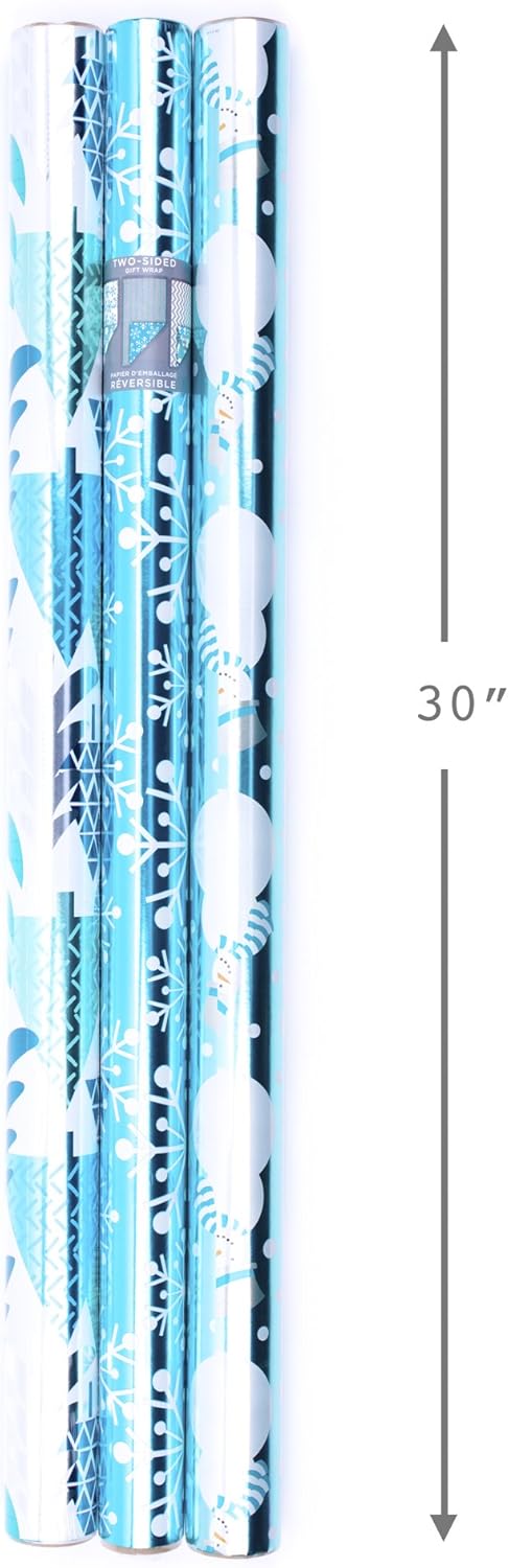 Hallmark Reversible Christmas Wrapping Paper (Pack of 3; 60 sq. ft. ttl.) Elegant Foil, Blue and Silver Trees, Snowflakes, Snowmen, Stripes: Kitchen & Dining