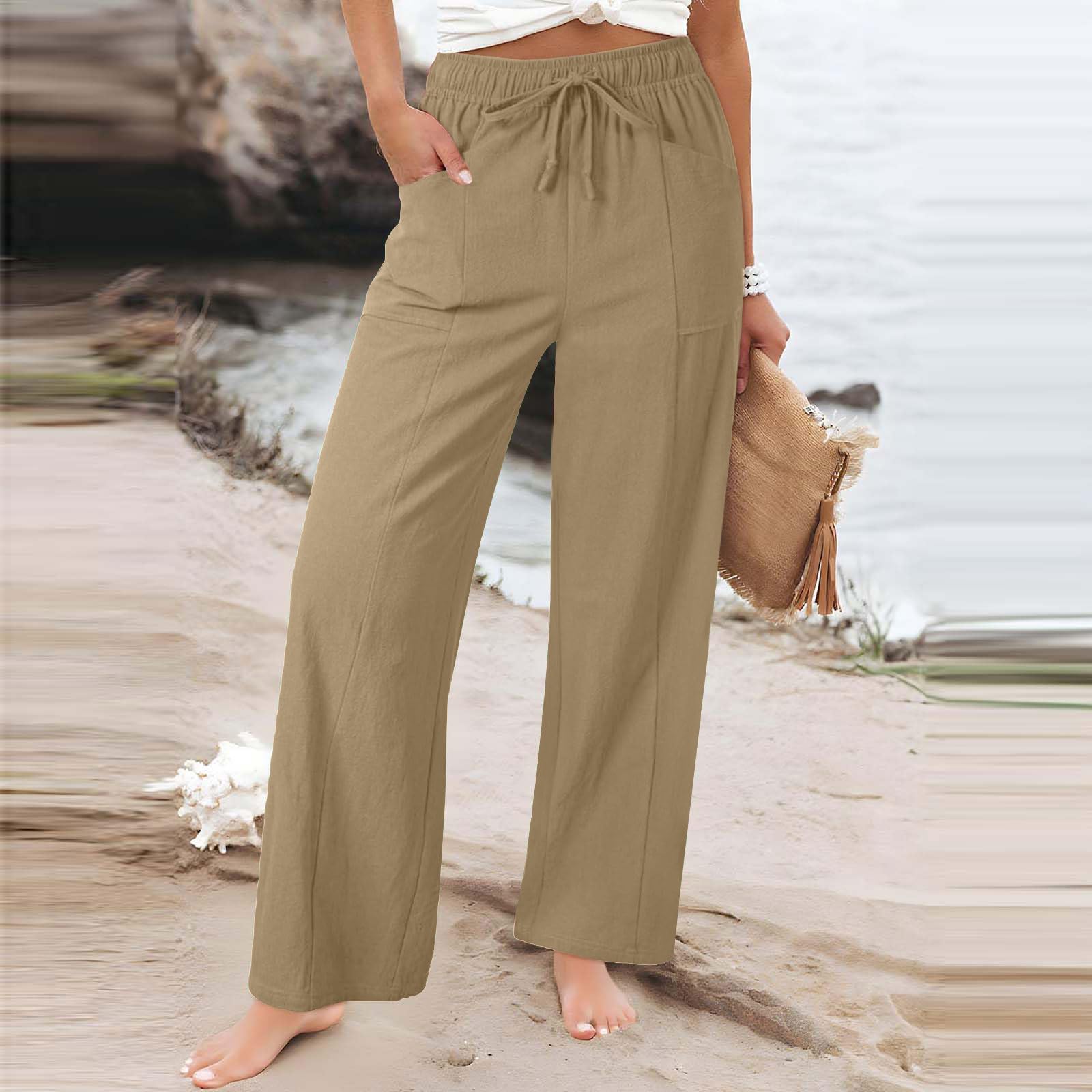 Linen Pants Women Drawstring Straight Leg Flowy Pants Baggy High Waist Lounge Trousers Cotton Summer Beach Trousers
