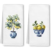 Yjeslw Chinoiserie Lemon Kitchen Towels, Blue and White Porcelain Bowl Lemon Dish Hand Towels Decor, Grandmillennial Fruit Tea Towel for Kitchen Bathroom Decorative, 16x24 Inch Set of 2