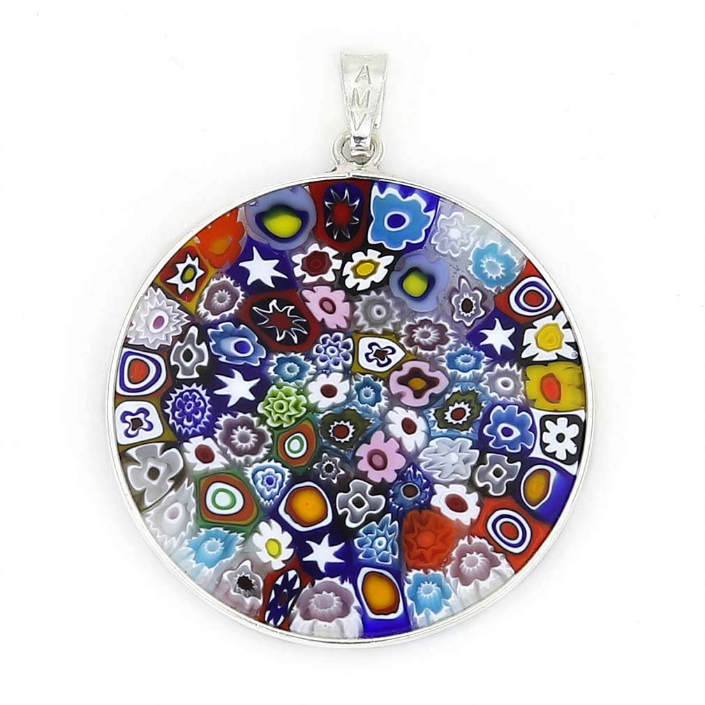 Glass Of Venice Murano Glass Millefiori Pendant Multicolor in Silver Frame 1-1/4"