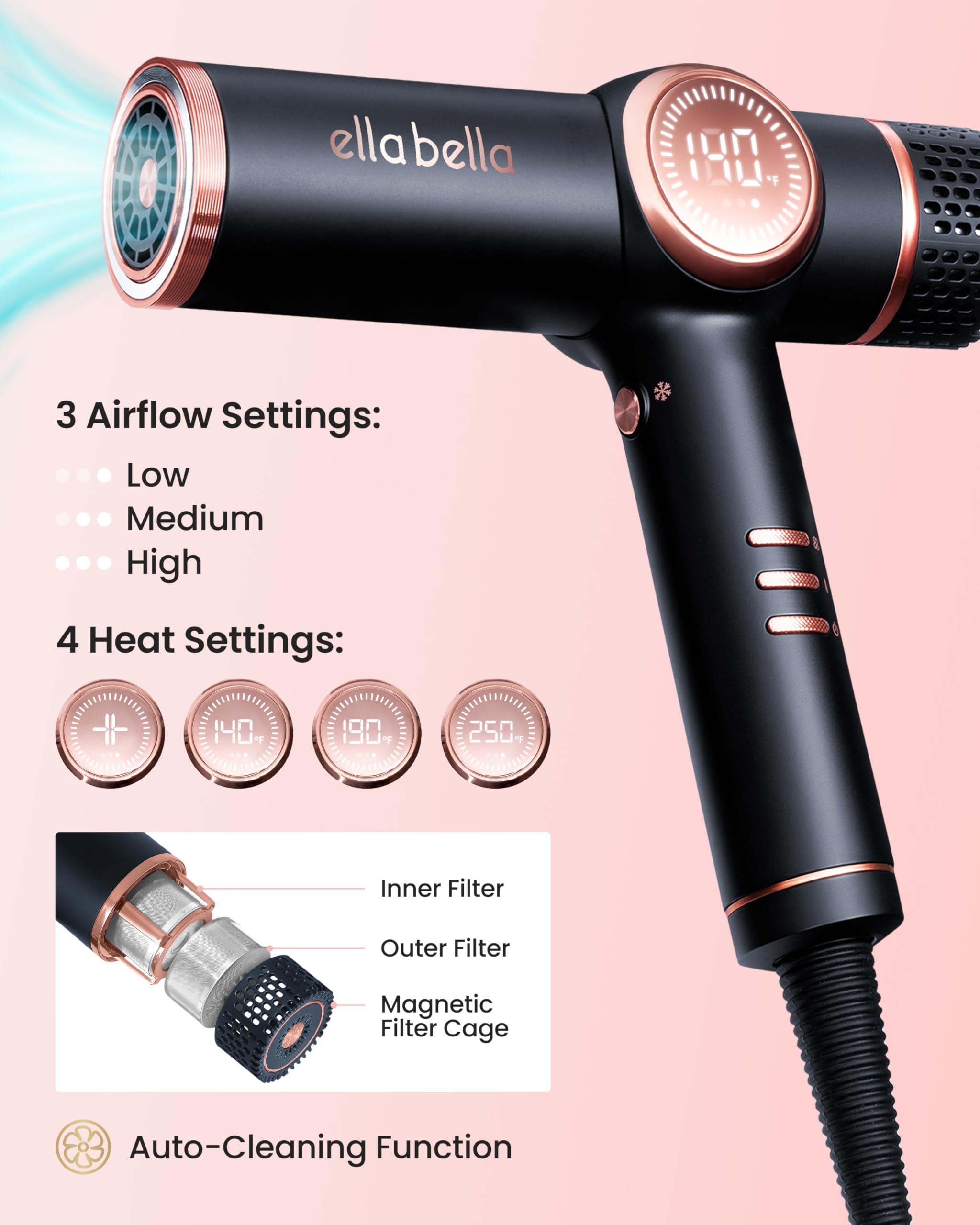 ELLA BELLA® Professional Ionic Hair Dryer with Diffuser • Negative Ion Blow Dryer • Suitable All Hair Types • Intelligent Heat Control & Rapid Drying Speeds • Lightweight Design • Low Noise Technology