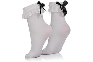 Skeleteen White Ruffled Anklet Socks - Frilly White Opaque Lace Ruffles Top Trim Bobby Sock With Black Satin Back Bow, White,