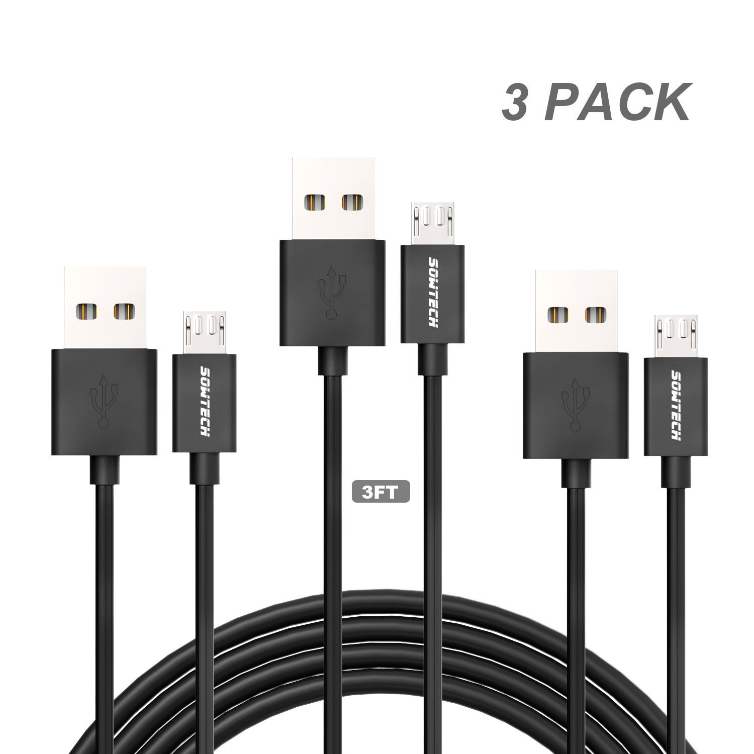 Micro USB Cable SOWTECH 3 Pack 3.3ft/1M Premium Micro USB Interconnects High Speed USB 2.0 A Male to Micro B Sync and Charging Cords for Samsung HTC Motorola Nokia and Android