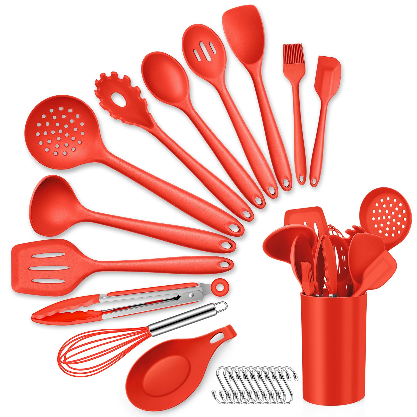 HaWare Kitchen Utensils Set. 13 Piece Silicone Cooking Utensils Set with Holder, Heat Resistant Kitchen Tools Include Turner Spatula Spoon, Non-Stick Cookware Friendly & Dishwasher Safe-Red