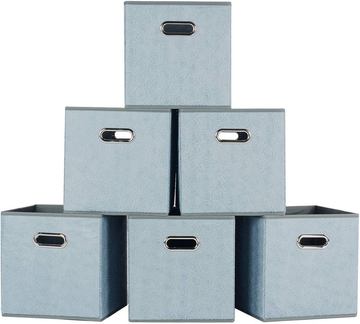 SHACO Durable Double Metal Handle Cloth Storage Cubes, Grey Foldable Cube Storage Bin with Rose Print(6 Packs) …