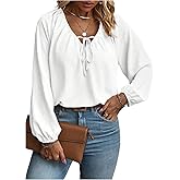 WDIRARA Women's Plus Size V Neck Long Lantern Sleeve Blouse Tie Front Tops Shirt