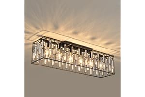Garwarm 6-Light Modern Ceiling Light, 38.7 inch Crystal Chandelier Black Rectangle Chandeliers, Dining Room Light Fixture Flu