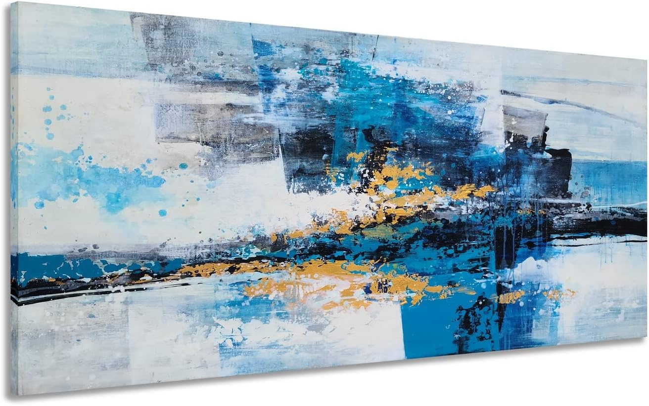 Paintings - YHSKY ARTS Hand Crafted Abstract Canvas Wall Art - Modern Blue and Gold Oil Paintings - Contemporary Large Pictures for Living Room Bedroom Dinning Decor
