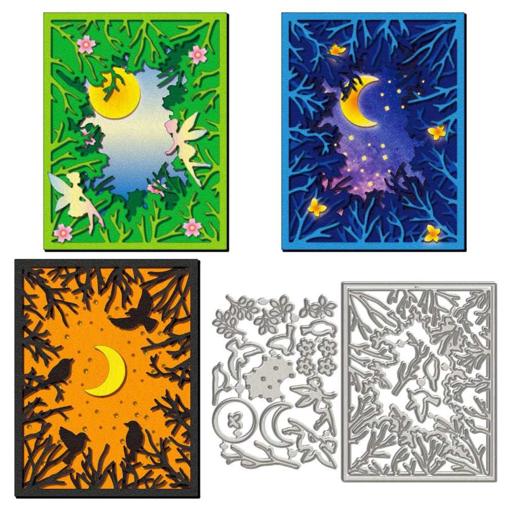 WADORN Tree Branch Frame Metal Die Cuts, Rectangle Frame Cutting Dies Stencil Fairy Butterfly Bird Silhouette Background Embossing Stencils Template for DIY Craft Cards Scrapbooking Album Paper