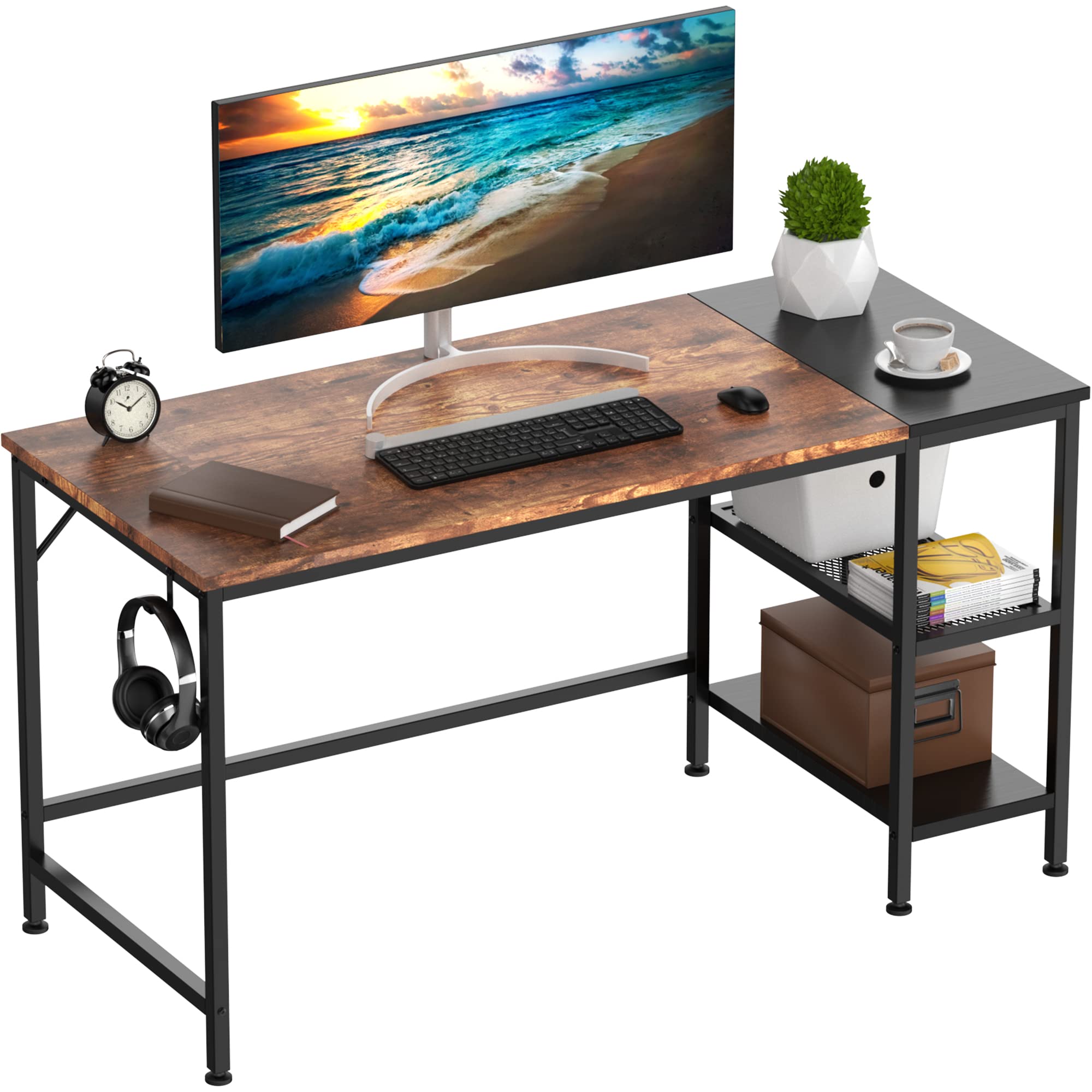 HOMIDEC Office Desk, Computer Desk With Bookshelf, 140 x 50 x 75 cm PC Study Writing Desks with Storage Shelves for Home Office Bedroom