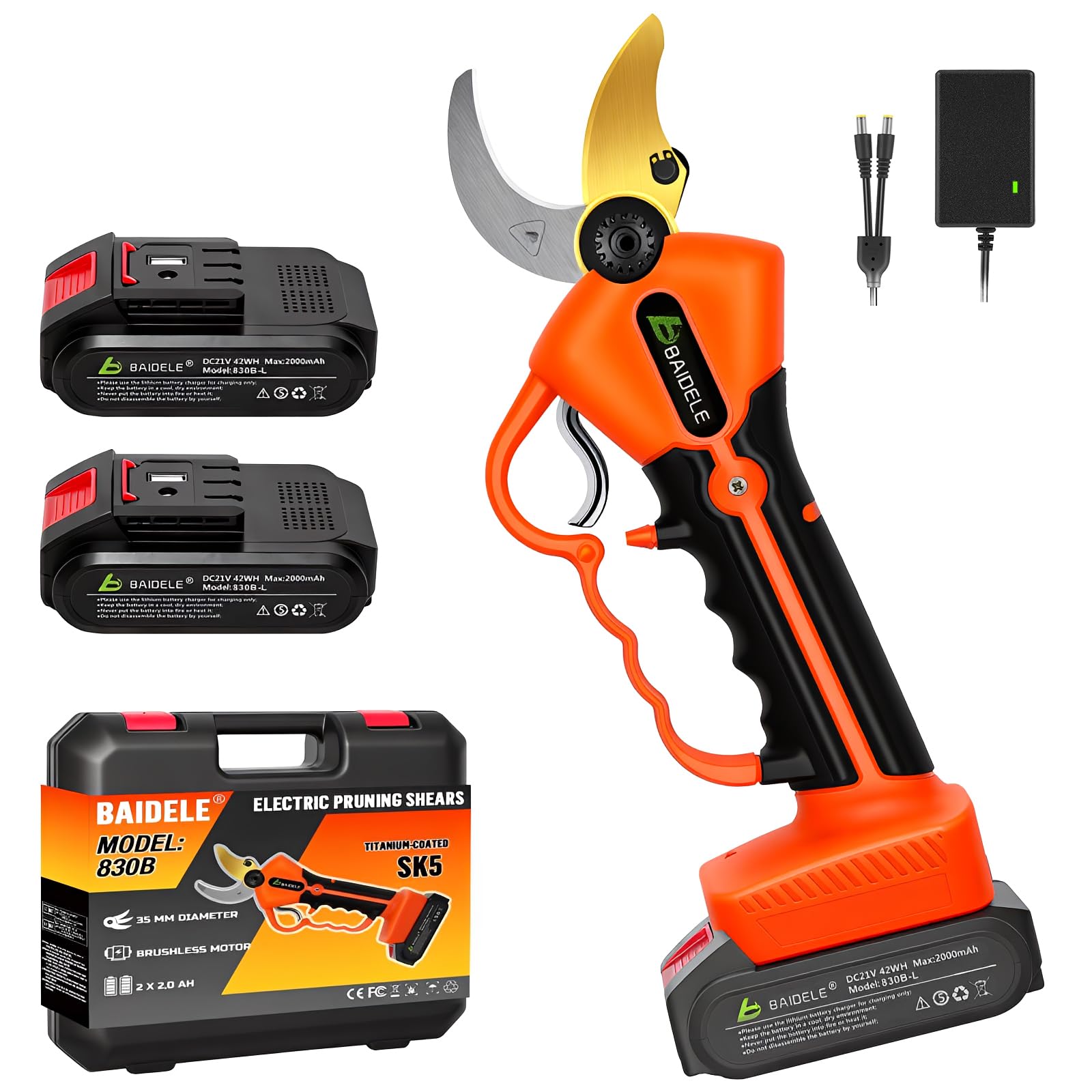 Electric Pruning Shears 35mm, 21V Cordless Pruning Shears with 4.0 AH Lithium Battery (2 x 2.0Ah), 6-8 Working Hours, Suitable for Pruning Fruit Trees and seedlings
