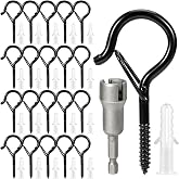 InPoTo 20 PCS Q Hanger Hooks with Safety Buckle, Windproof Screw Hooks, Outdoor String Lights, Plants, Christmas Lights, Patio Lights Use, 2.2 Inches, Black with 1 Wing Nut Driver