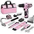 WORKPRO 12V Pink Cordless Drill Driver and Home Tool Kit, Hand Tool Set for DIY, Home Maintenance, 14-inch Storage Bag Includ