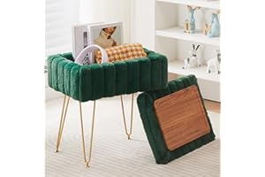 Wimarsbon Faux Mink Fur Storage Ottoman, Modern Soft Footstool, Storage Bench with Metal Legs, Vanity Seat, Fur Stool, Ottoman Coffee Table, Makeup Chair, Vanity Stools for Bedroom (Jade Green)