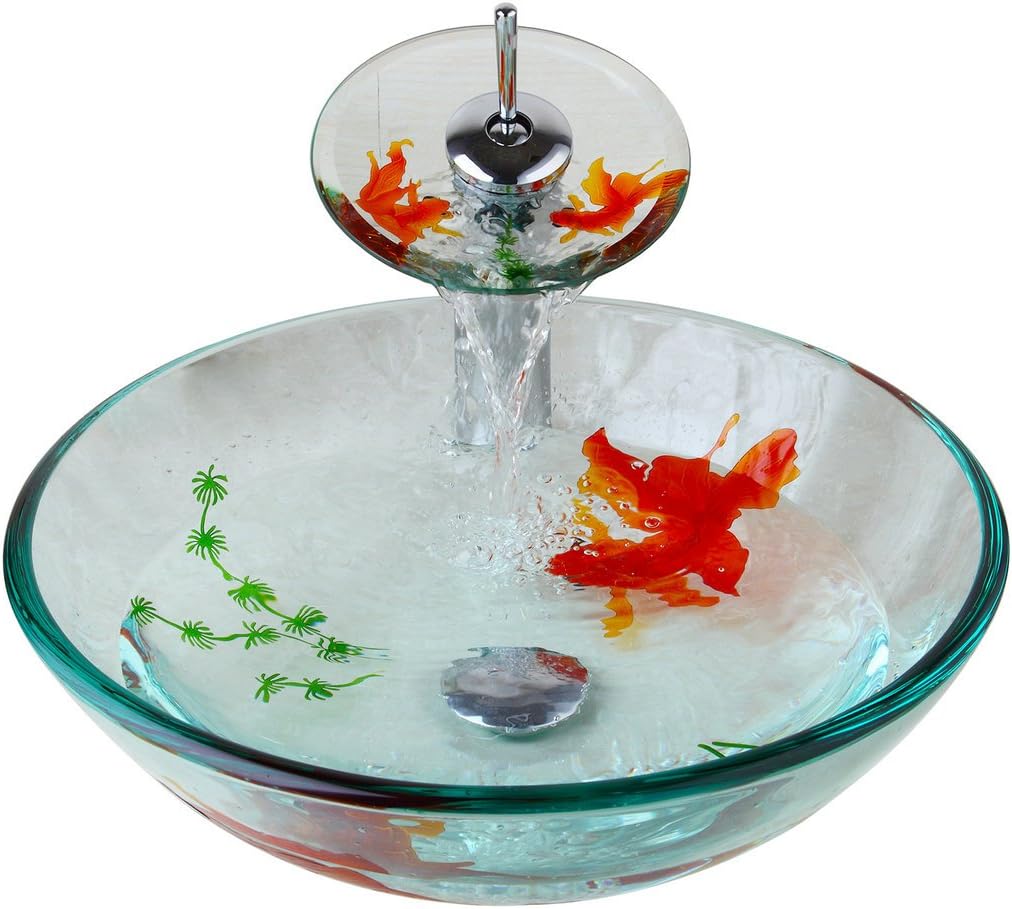 Tempered Glass Vessel Sink Bathroom Fish Painting With Drain Vanity Basin Bowl Mixer Faucet Set