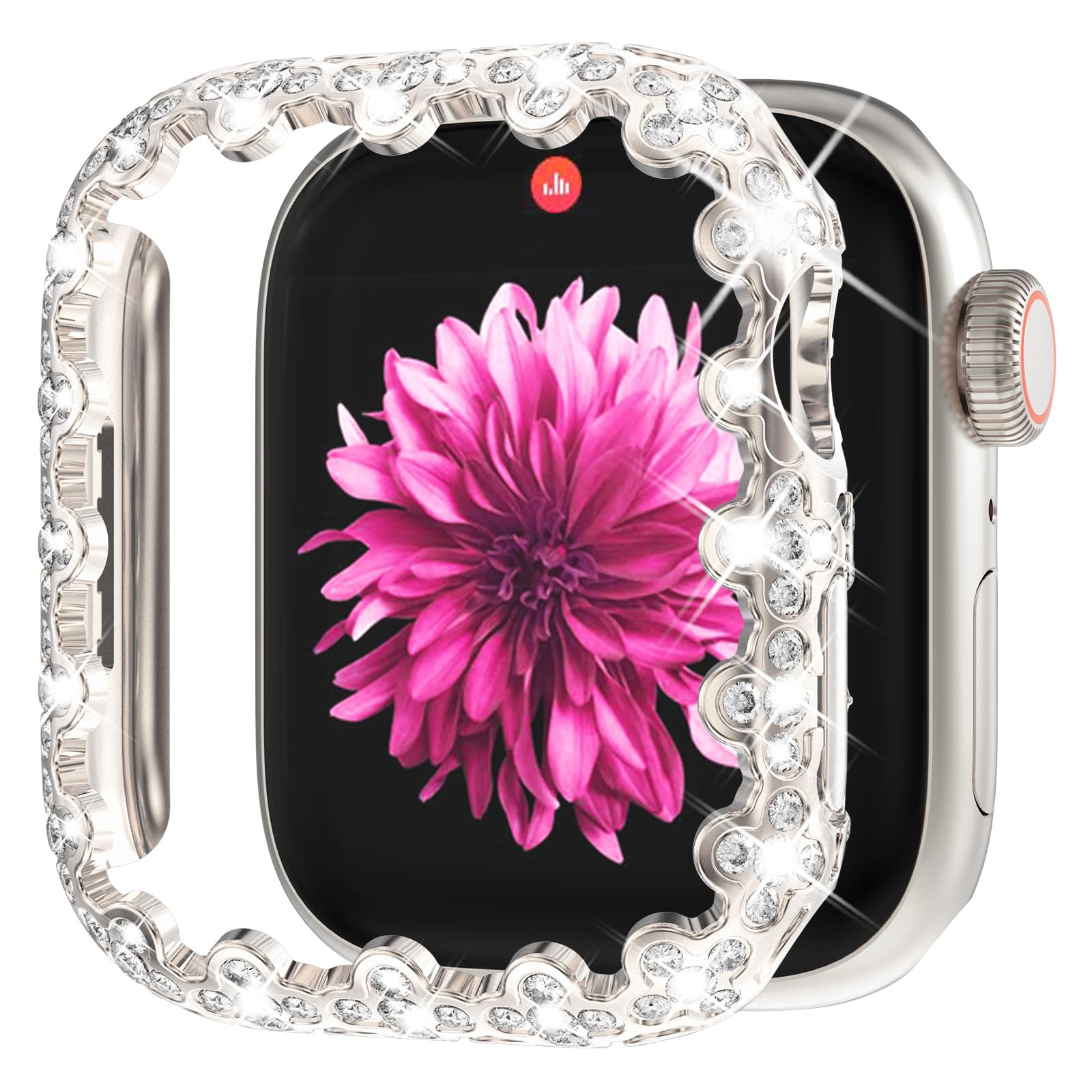 WINGLE Bling Case for Apple Watch 41mm Screen Protector Case Series 9 8 7, Lace Edge 4 Leaf Clover Diamond Face Cover Full Glitter Rhinestone Protective Bumper for iWatch Women, 41mm Starlight
