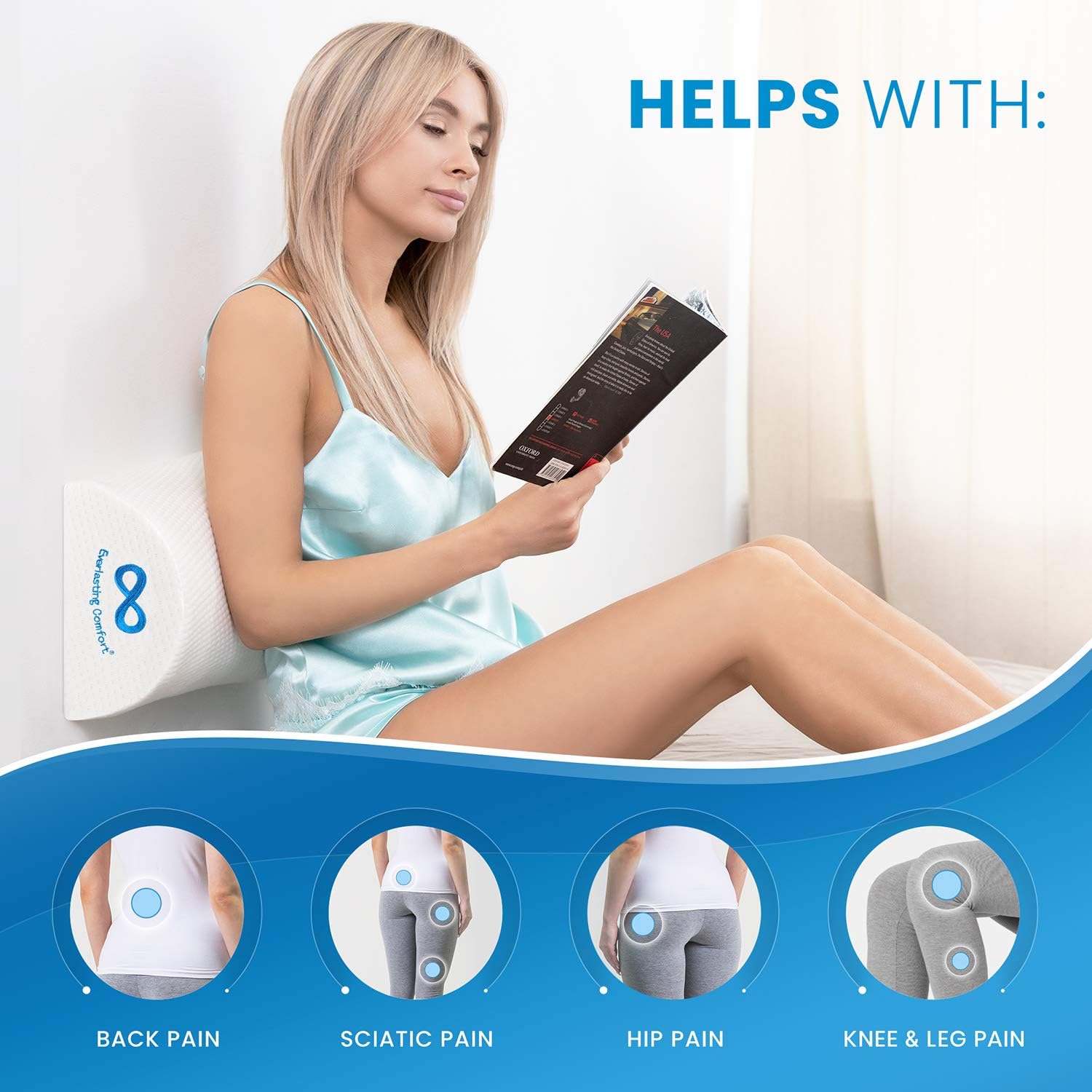 Everlasting Comfort Bolster Pillow for Legs - Pure Memory Foam Half Moon Pillow - Soft Breathable Cover (White): Home & Kitchen