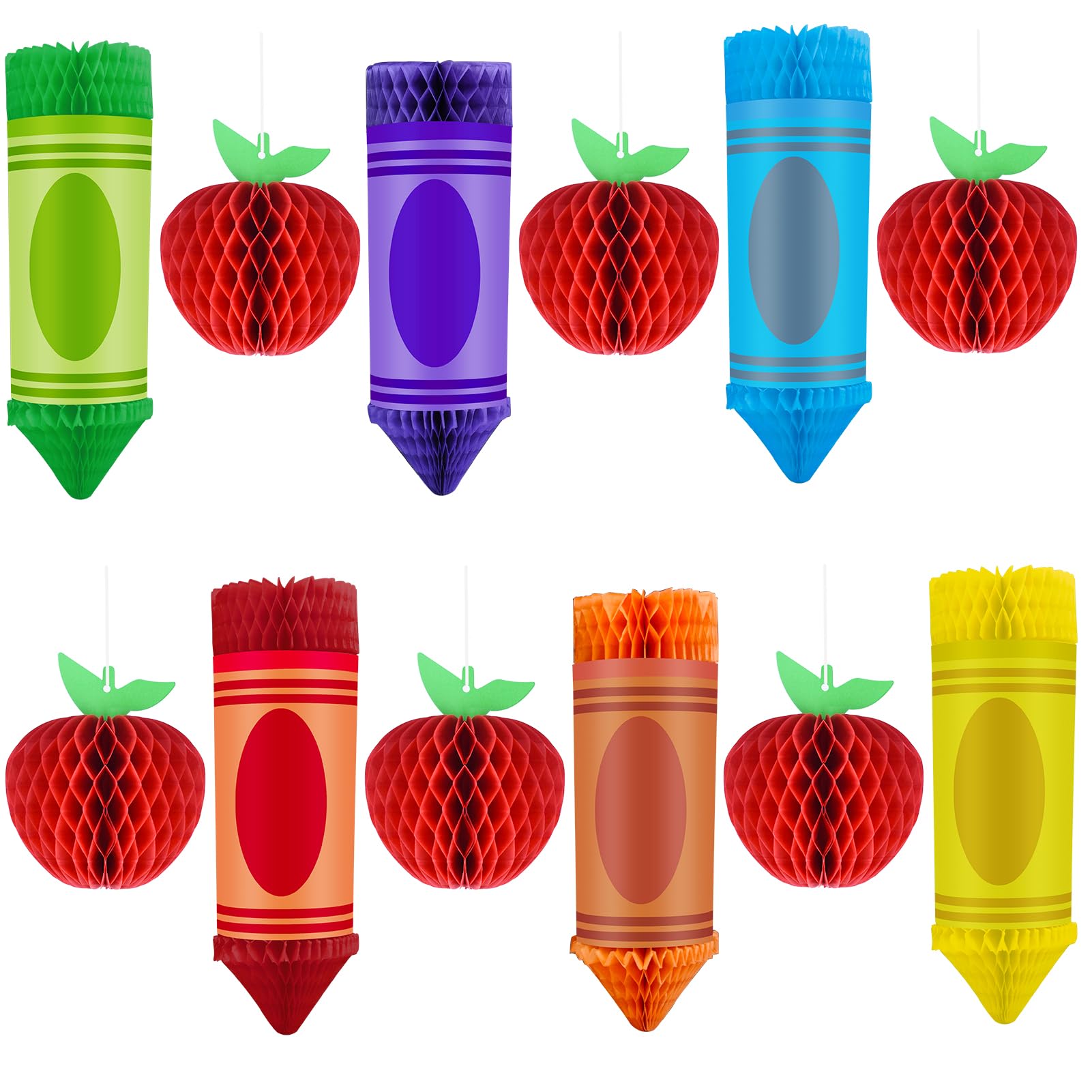 Photo 1 of 12Pcs Welcome Back to School Hanging Decorations 6 Crayon Hanging Honeycomb Back to School Classroom Decorations 6 Apple Honeycomb Tissue Paper Centerpieces Ceiling Decor for First Day of School Party