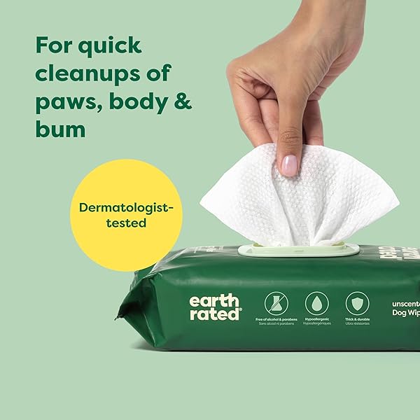 EARTH RATED PET WIPES FOR DOGS AND CATS, HYPOALLERGENIC, CLEANING AND HYDRATING, FOR GROOMING PAWS, BODY AND BUTT, UNSCENTED, 100 COUNT