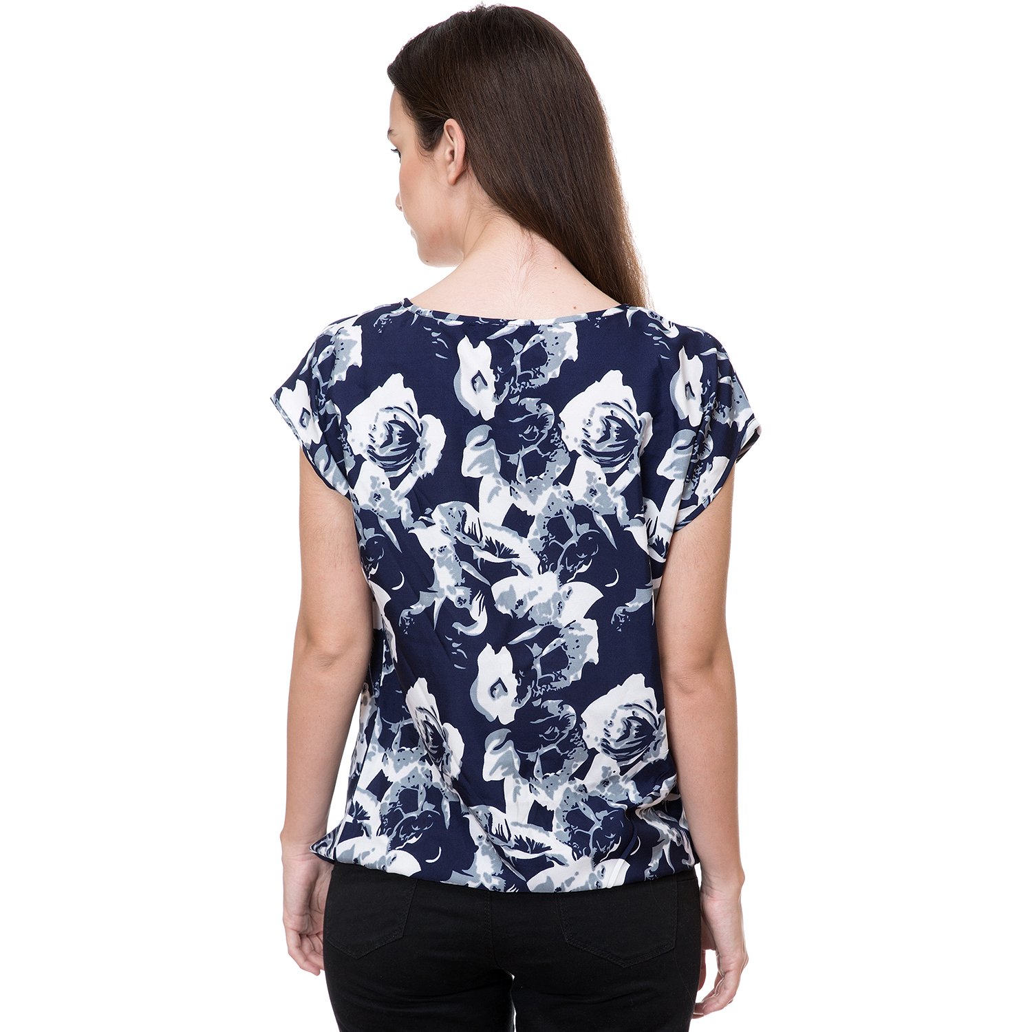 deewa blue & white polycrepe round neck casual tops for women