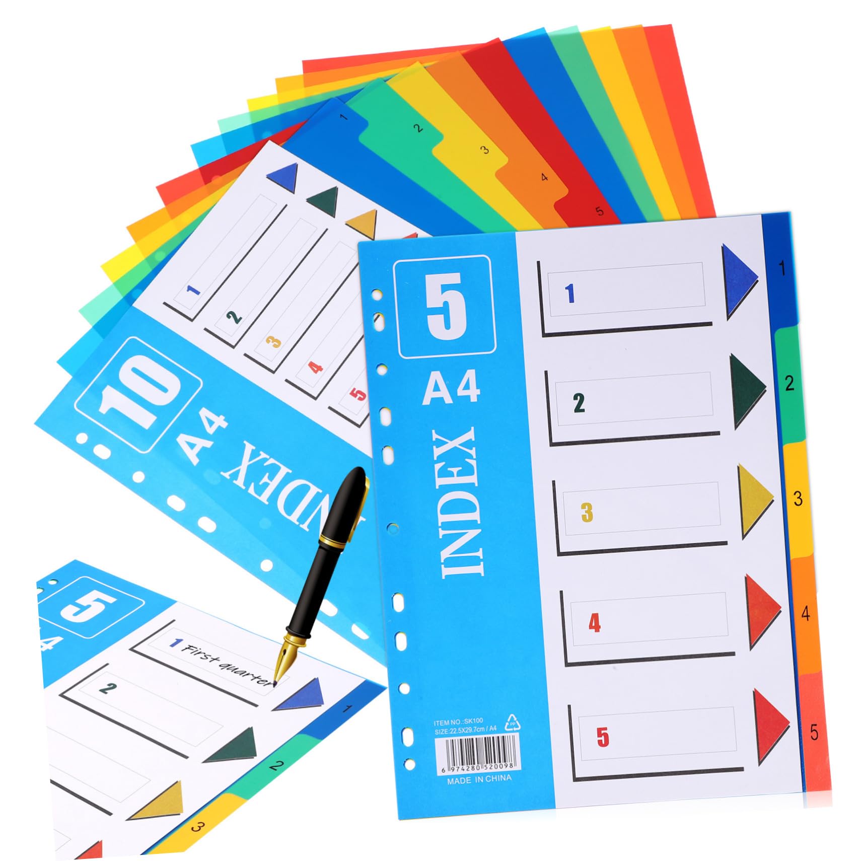 2 Pcs A4 Plastic File Dividers with Tabs, Assorted Colors, 5-Page and 10-Page Numbered Binder Dividers for Notebooks and Documents