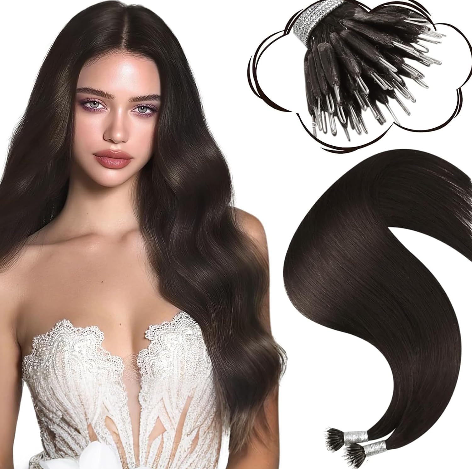 Moresoo Nano Beads Hair Extension Real Human Hair 24 Inch Darkest Brown Nano Tips Human Hair Extensions Longer Hair Nano Ring Hair Extensions 1g/s 50g/Pack #2 — image 1