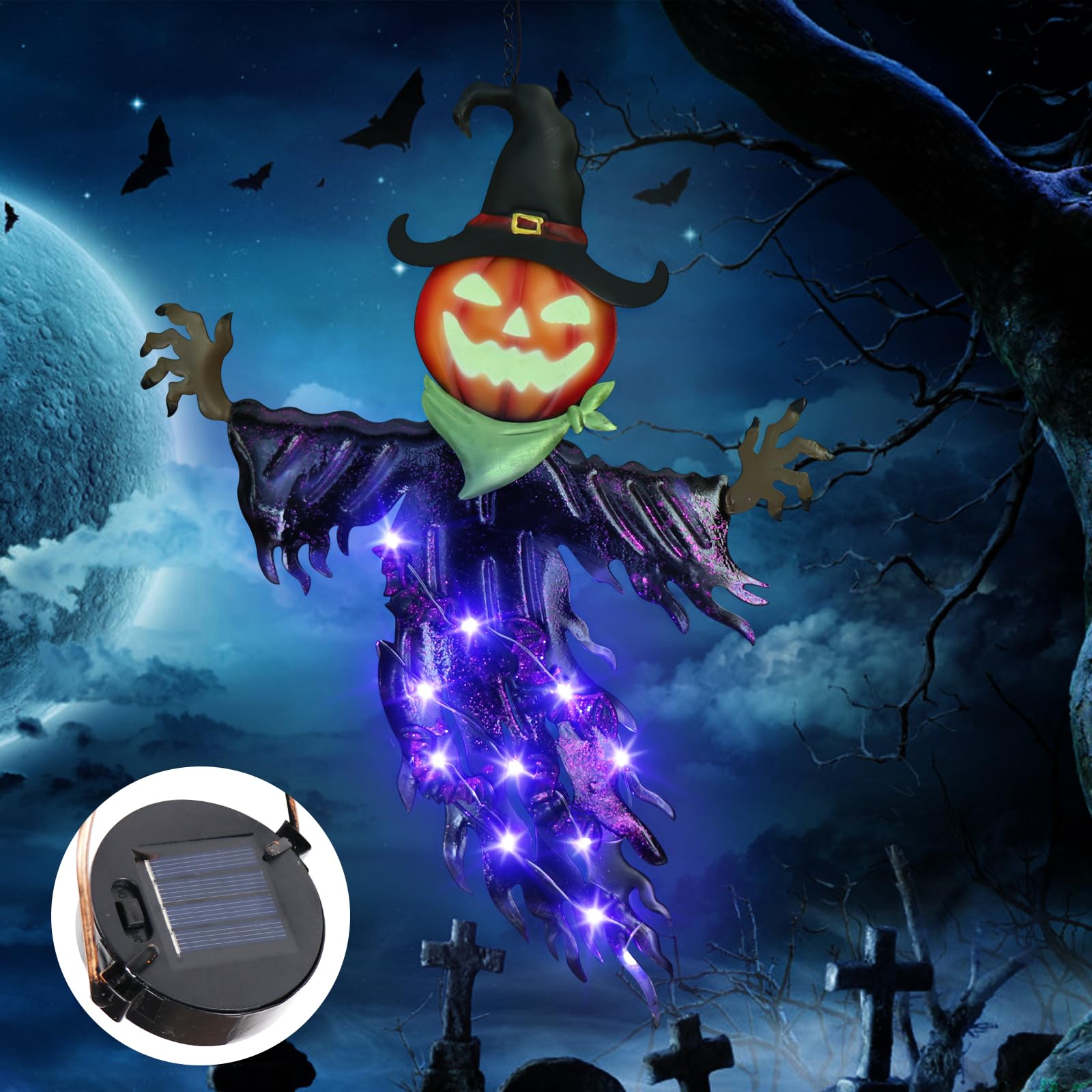 Photo 1 of ILLUMINEW Solar Halloween Metal Hanging Decorations Outdoor, Solar Powered Lighted Metal Pumpkin with Glowing Eyes for Halloween Outdoor Tree, Wall, Porch, Patio Decor (Pumpkin)